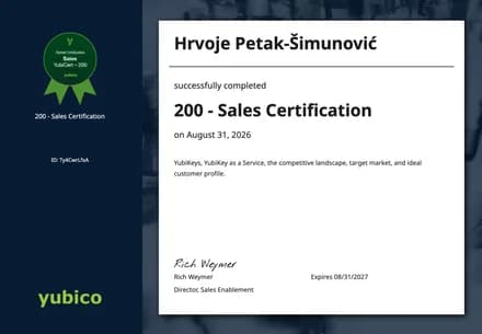 Yubico 200 — Sales Certification — Hrvoje Petak-Šimunović