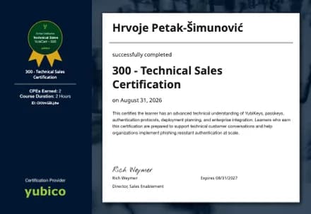 Yubico 300 — Technical Sales Certification — Hrvoje Petak-Šimunović